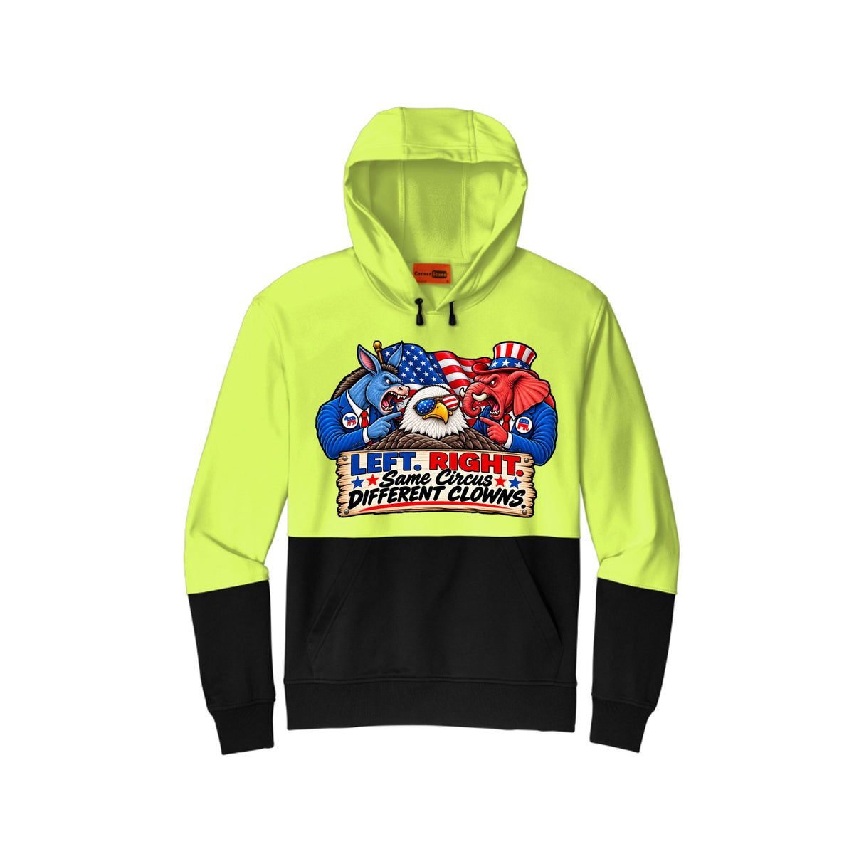 Safety Yellow Left or Right – Political Humor Hoodie, front view