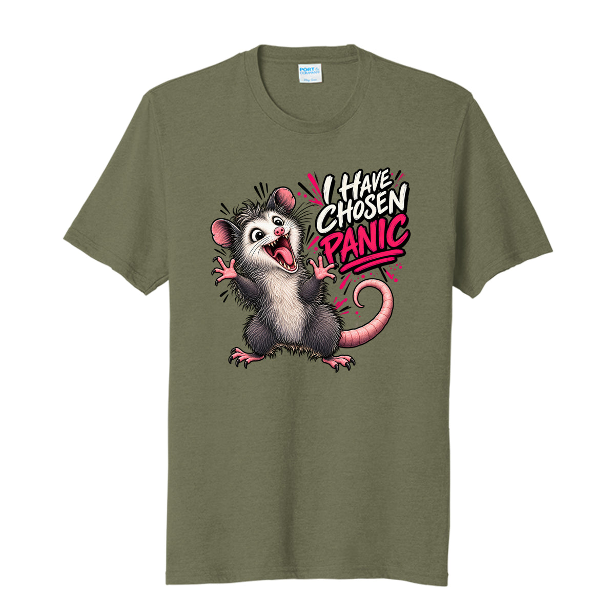 Military Green Heather I Have Chosen Panic Opossum T-Shirt, front view