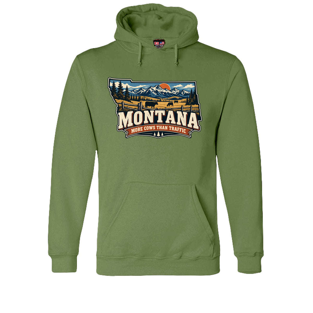 Olive Montana More Cows Than Traffic Hoodie, front view
