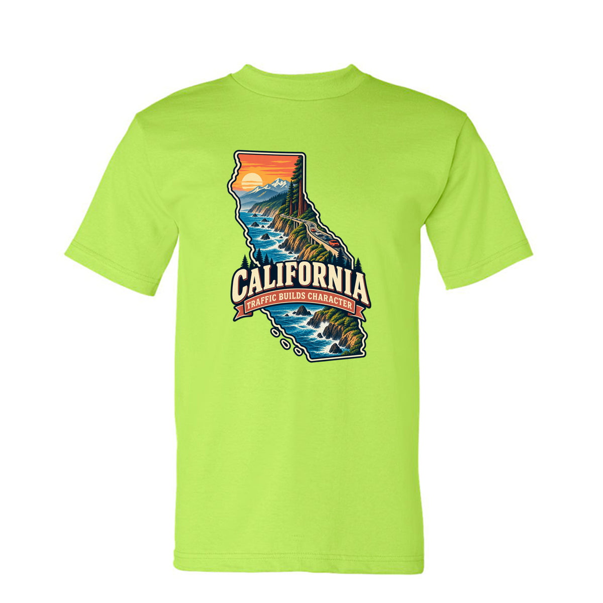 Lime Green California Traffic Builds Character T-Shirt, front view