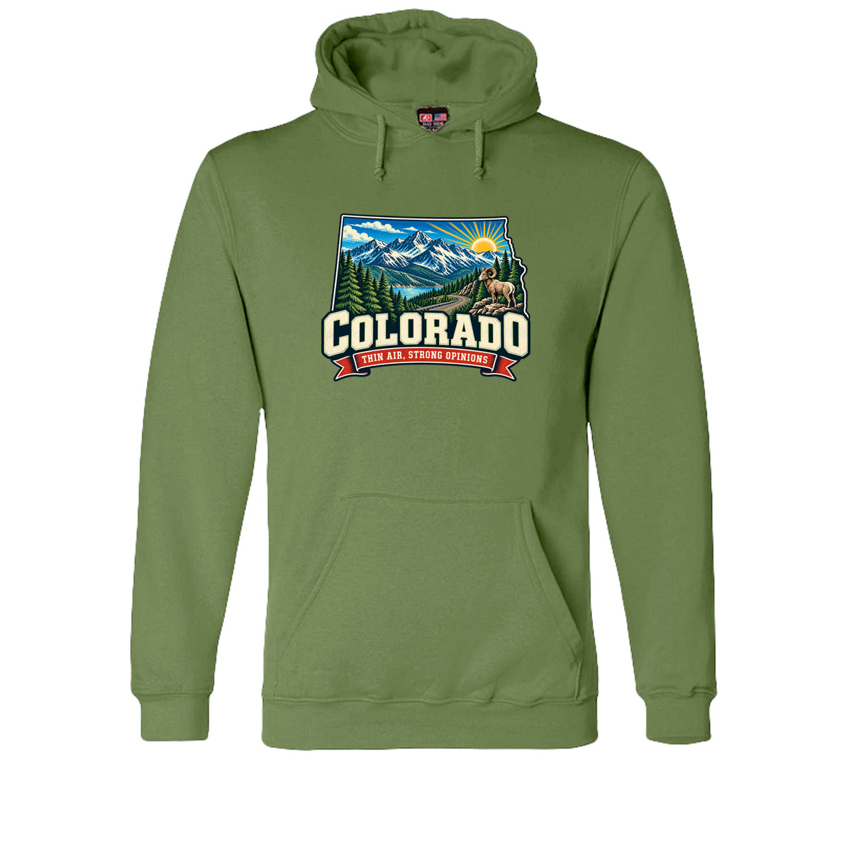 Olive Colorado Thin Air, Strong Opinions Hoodie, front view