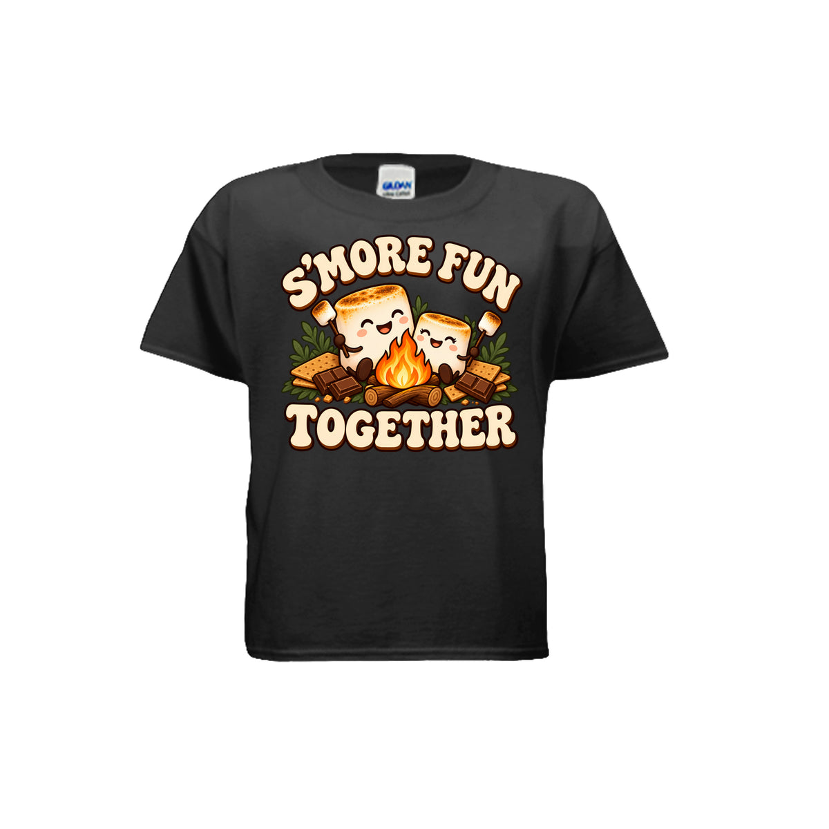 Youth black T-shirt with “S’more Fun Together” campfire and smiling s’mores graphic