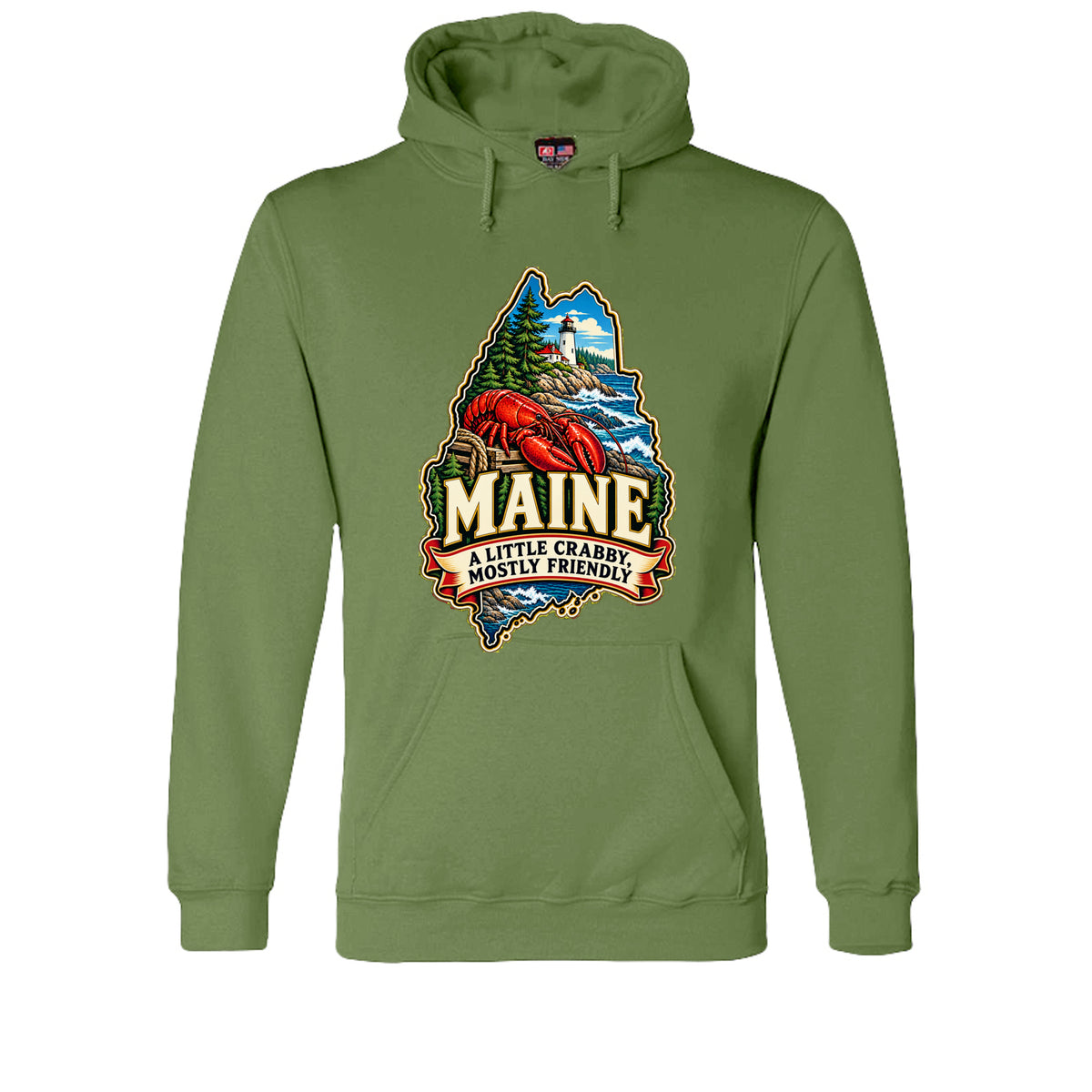 Olive Maine hoodie with lobster, lighthouse, pine trees, and “A Little Crabby, Mostly Friendly” design.