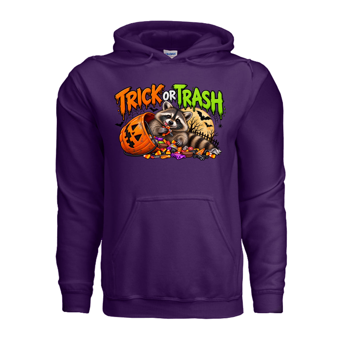 Purple Trick or Trash Halloween graphic with a raccoon, orange pumpkin candy bucket, candy, glowing moon, bats, and spooky trees.
