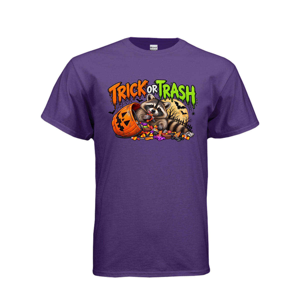 Purple Trick or Trash Halloween graphic with a raccoon, orange pumpkin candy bucket, candy, glowing moon, bats, and spooky trees.