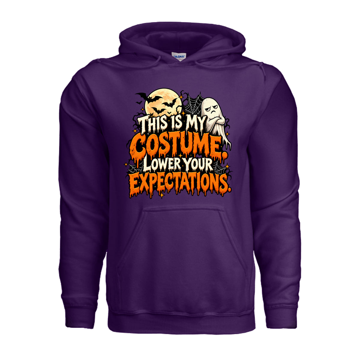 Purple This Is My Costume Lower Your Expectations Halloween graphic with grumpy ghost, bats, glowing moon, spiderwebs, and orange and white lettering.