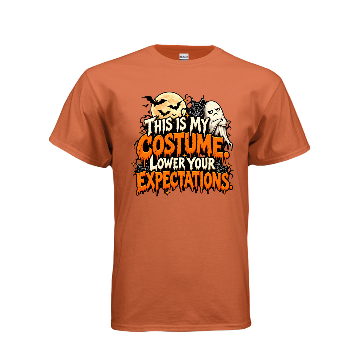 Orange This Is My Costume Lower Your Expectations Halloween graphic with grumpy ghost, bats, glowing moon, spiderwebs, and orange and white lettering.