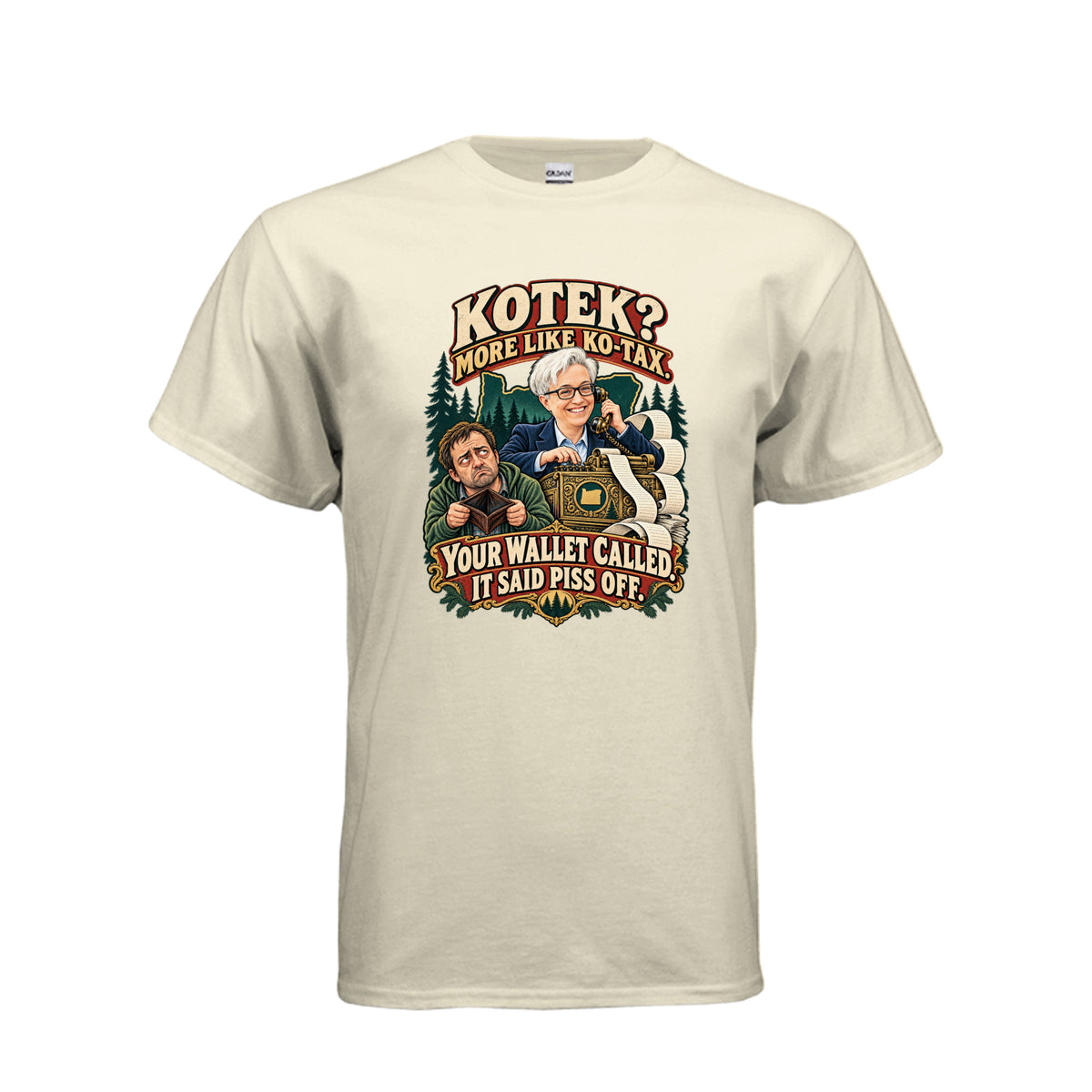 Tina Kotek caricature holding a telephone beside a cash register, with “Kotek? More Like Ko-Tax.” and a profane wallet punchline.