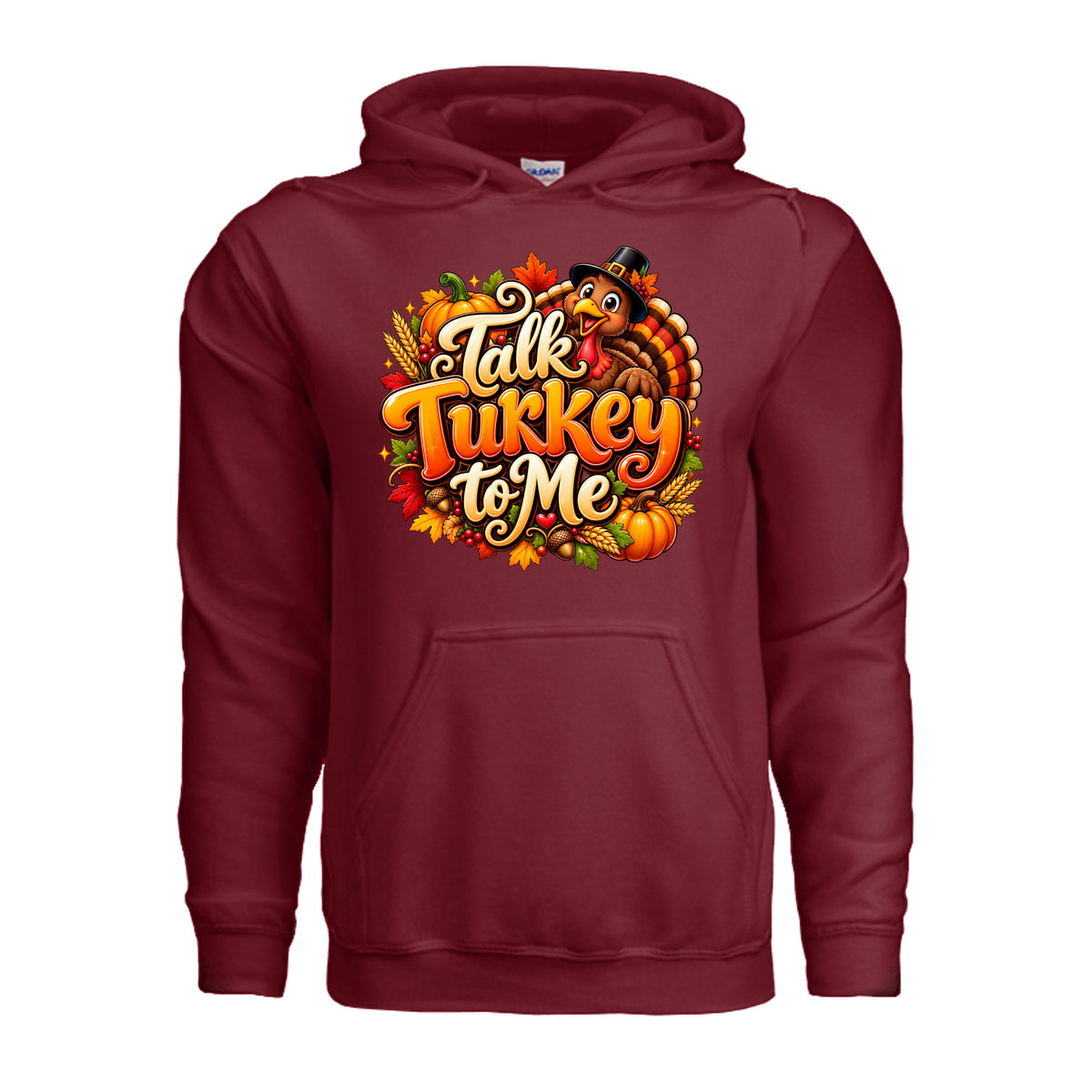 Talk Turkey to Me Thanksgiving hoodie featuring a cheerful turkey in a pilgrim hat, pumpkins, autumn leaves, and colorful lettering.