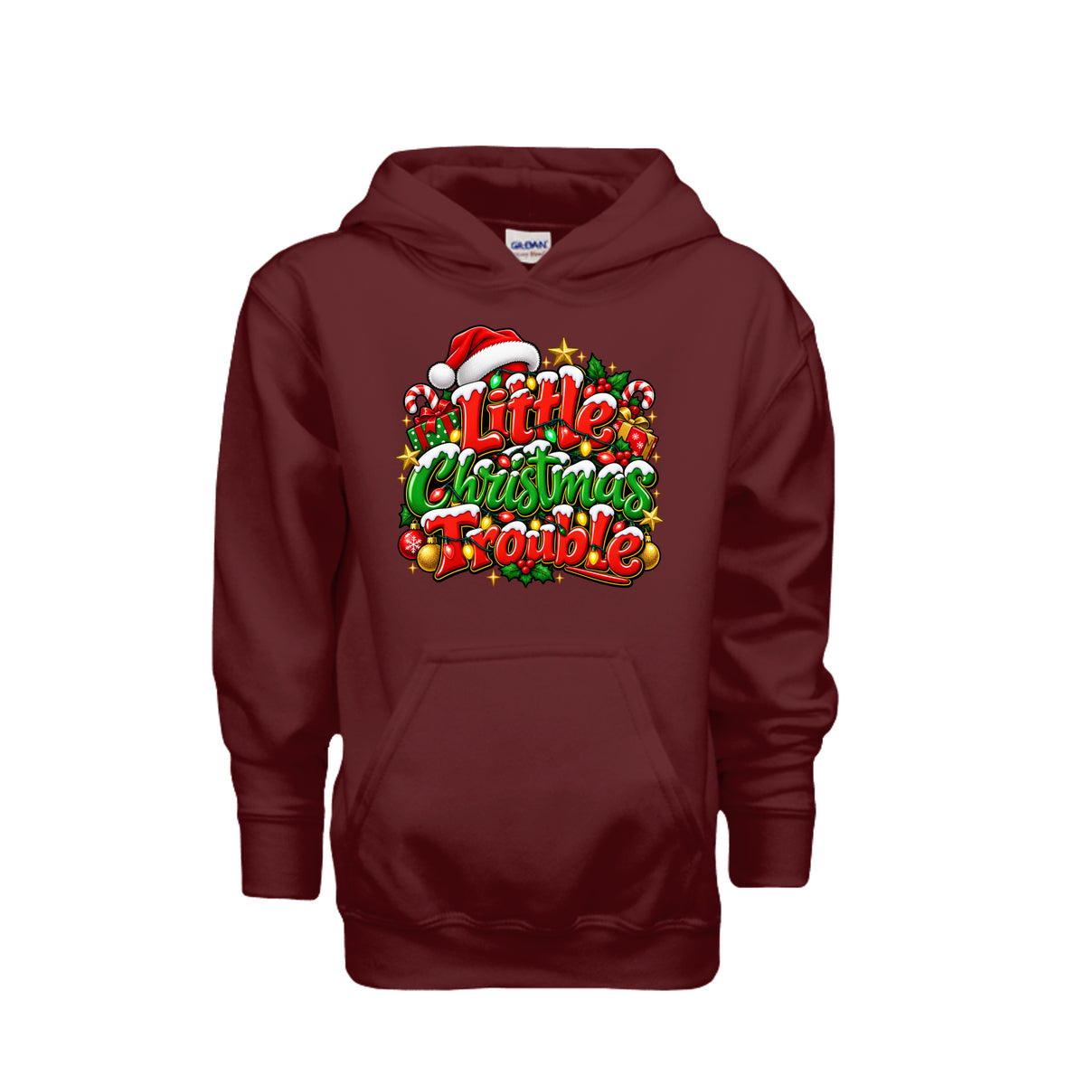 Little Christmas Trouble youth Christmas hoodie with festive red and green lettering, Santa hat, colorful lights, candy canes, and Christmas gifts.