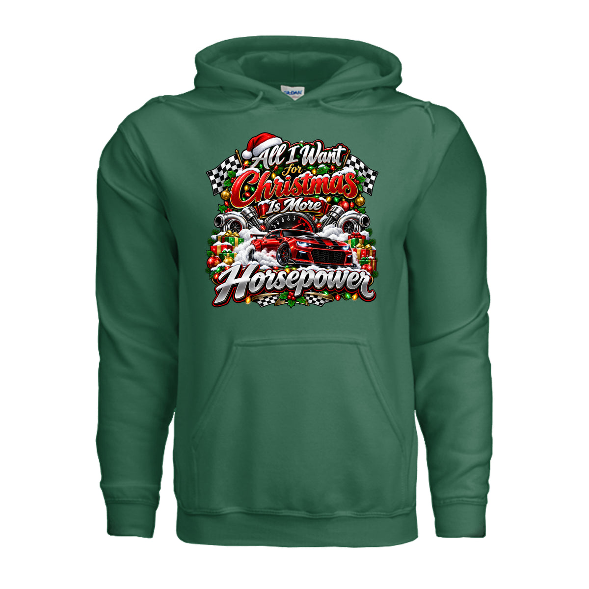 All I Want for Christmas Is More Horsepower hoodie featuring red sports car, turbochargers, tachometer, checkered flags, and Christmas decorations.