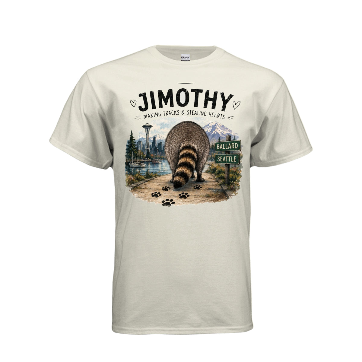 Natural Jimothy the Raccoon – Making Tracks & Stealing Hearts T-Shirt, front view