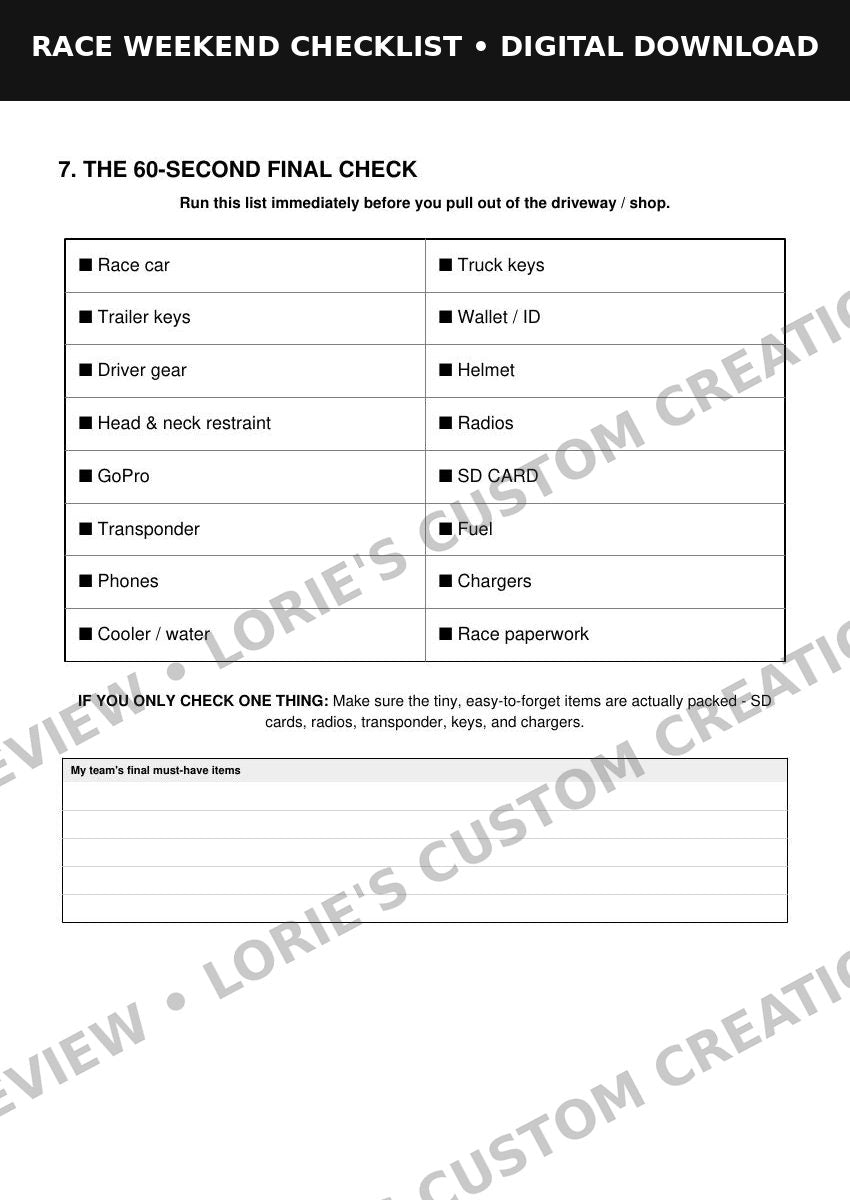 Race Weekend Checklist – 8-Page Printable PDF, preview 5