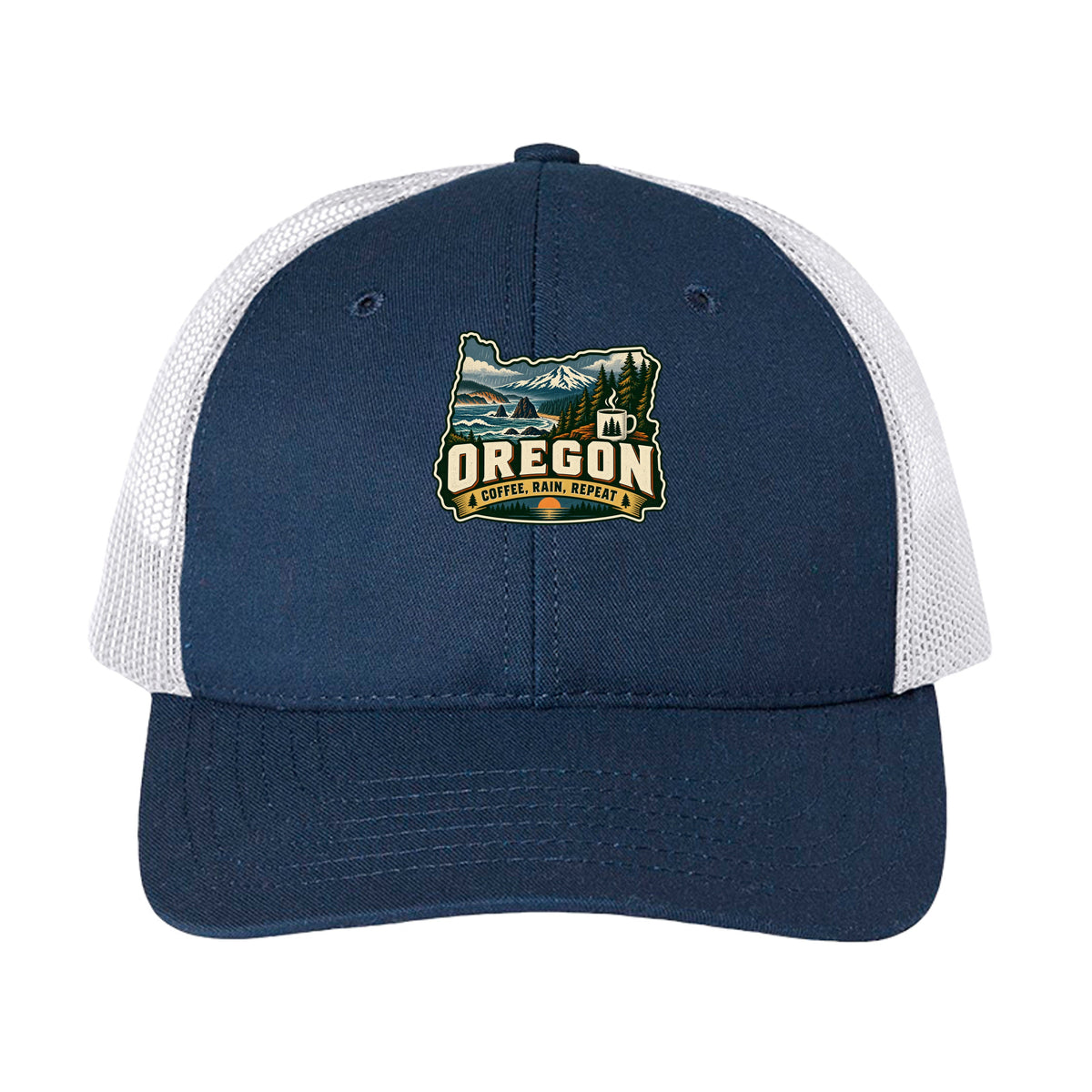 Navy and white Oregon trucker cap with mountain, forest, coffee mug, and “Coffee, Rain, Repeat” graphic