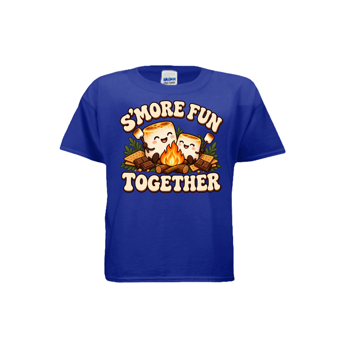 Youth blue T-shirt with “S’more Fun Together” campfire and smiling s’mores graphic