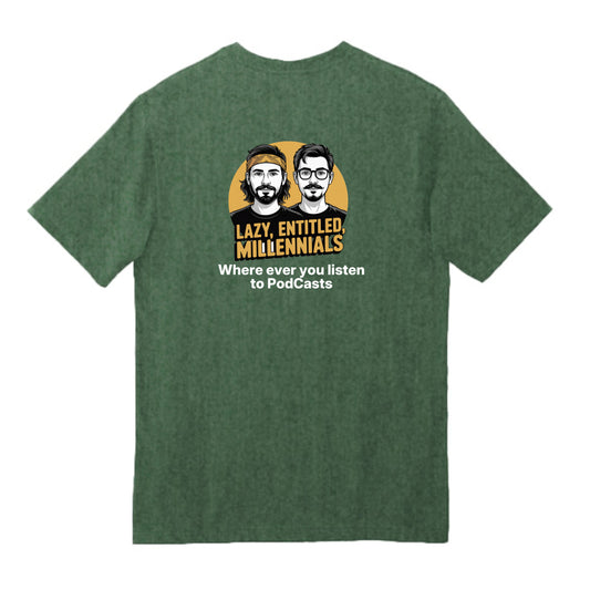 North Woods Heather Lazy, Entitled Millennials Carhartt Pocket T-Shirt — Back Print, back view
