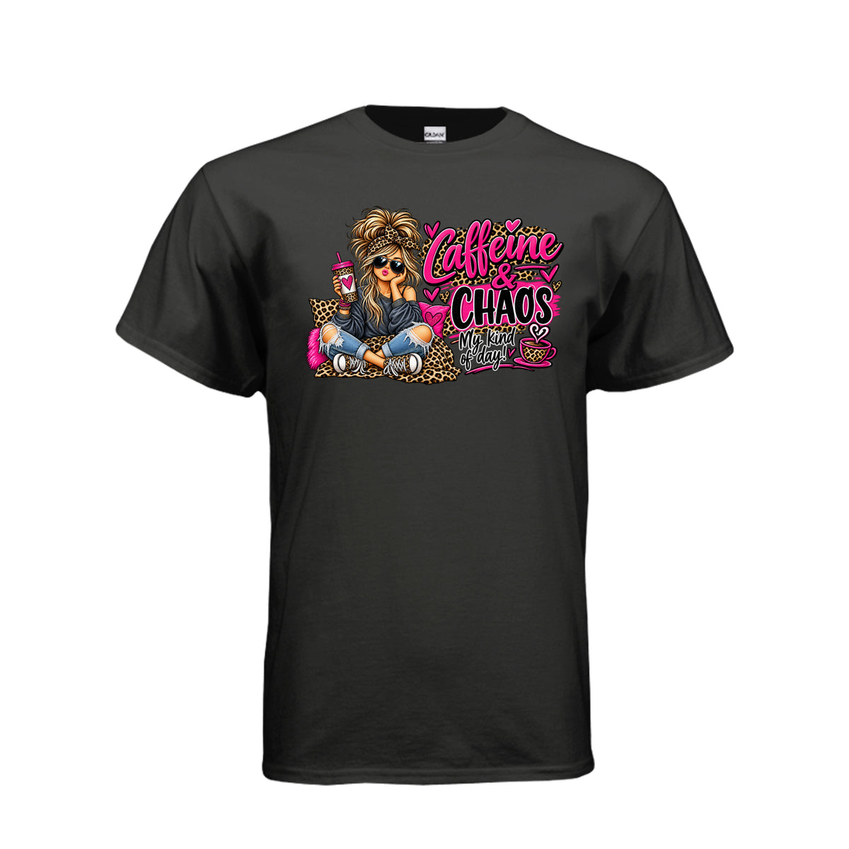Black Caffeine & Chaos – Funny Graphic T-Shirt, front view
