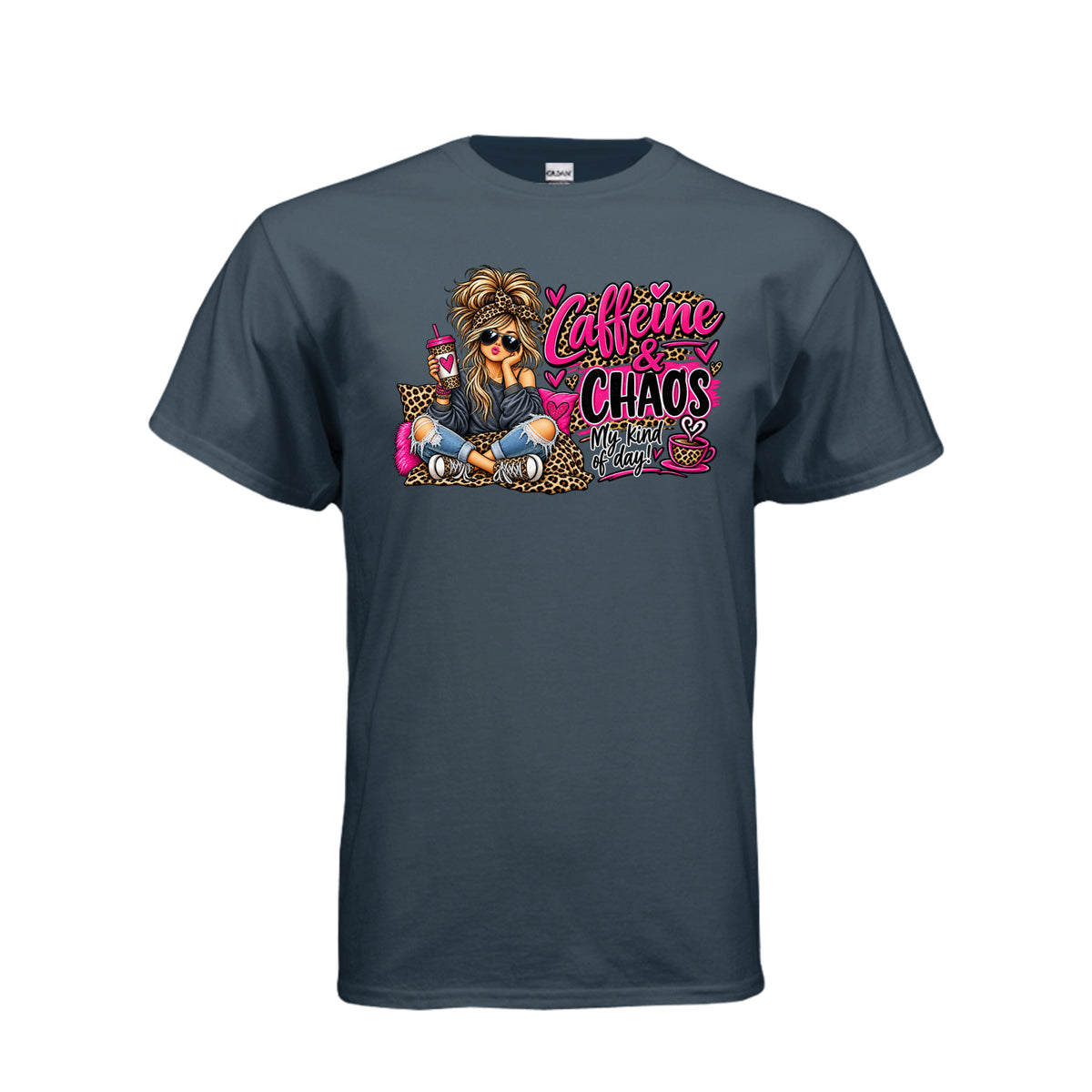 Blue Dusk Caffeine & Chaos – Funny Graphic T-Shirt, front view
