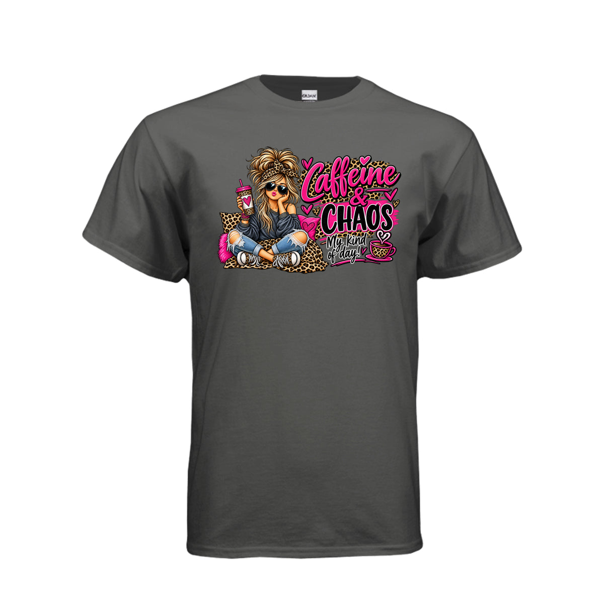 Charcoal Caffeine & Chaos – Funny Graphic T-Shirt, front view
