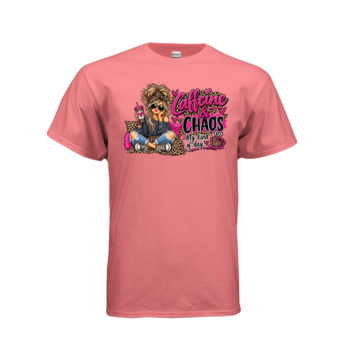 Coral Silk Caffeine & Chaos – Funny Graphic T-Shirt, front view
