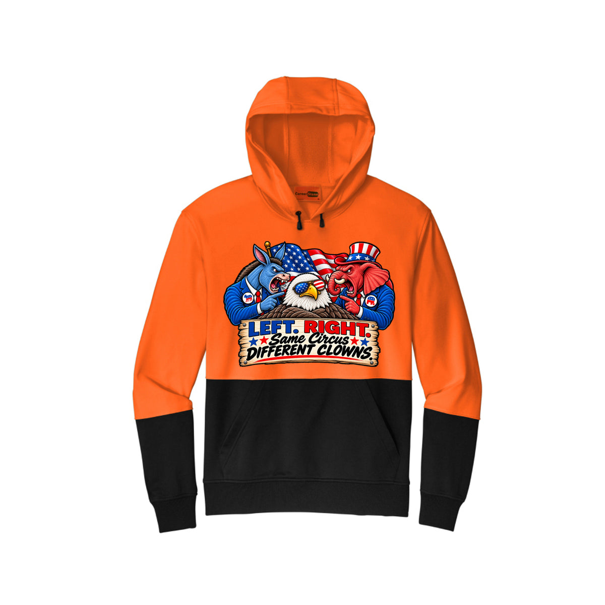Safety Orange Left or Right – Political Humor Hoodie, front view
