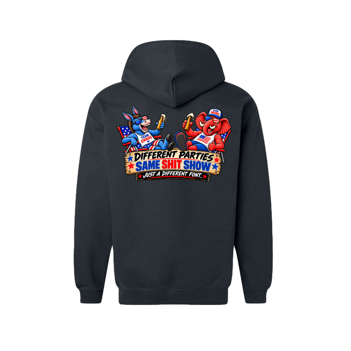 Black Different Parties, Same Shit Show – Political Humor Hoodie, back view
