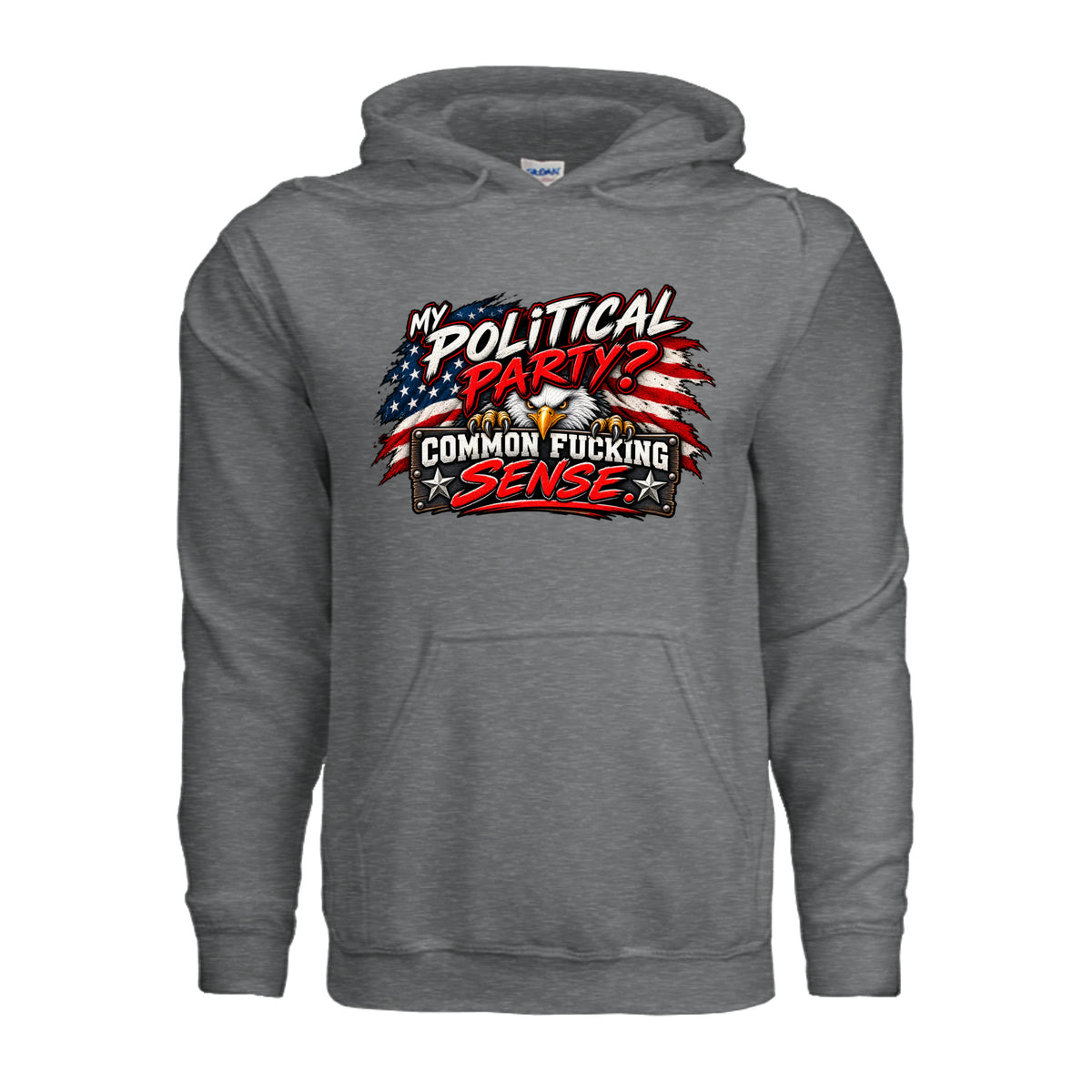 Fan Charcoal Heather Common Sense Is My Political Party – Funny Patriotic Hoodie, front view
