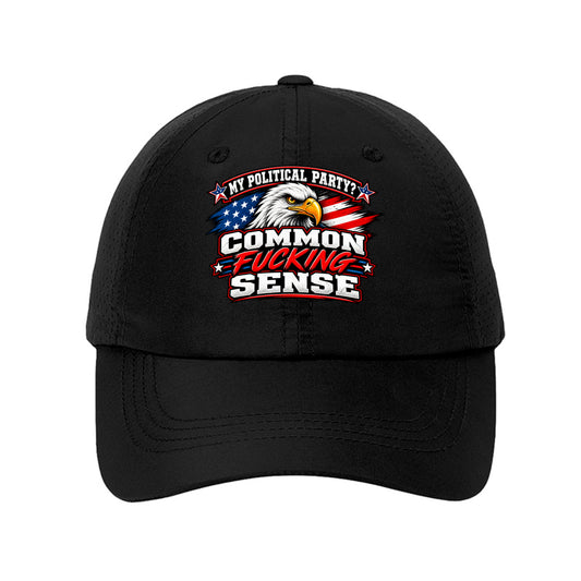 Black Common Fucking Sense – Funny Political Humor Hat, front view
