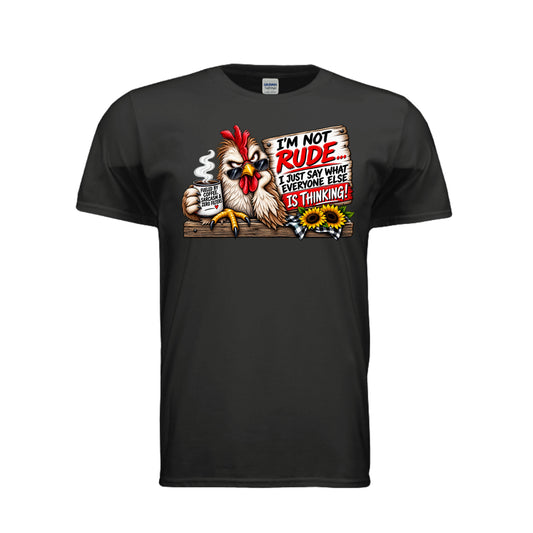 Black Cranky Chicken – Funny Graphic T-Shirt, front view
