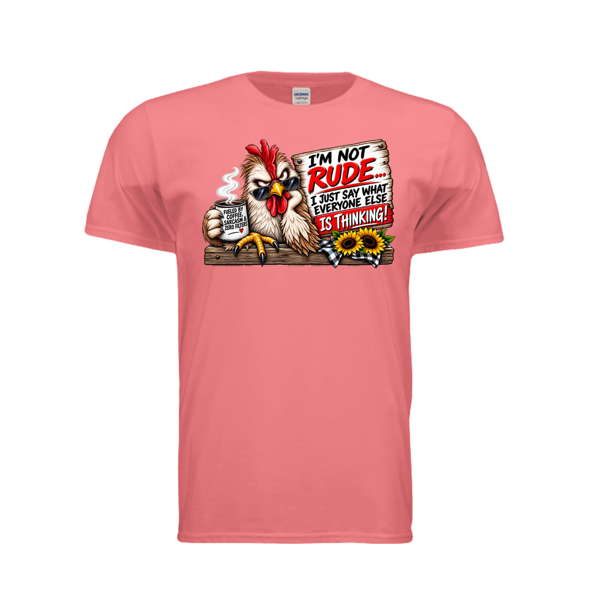 Coral Silk Cranky Chicken – Funny Graphic T-Shirt, front view
