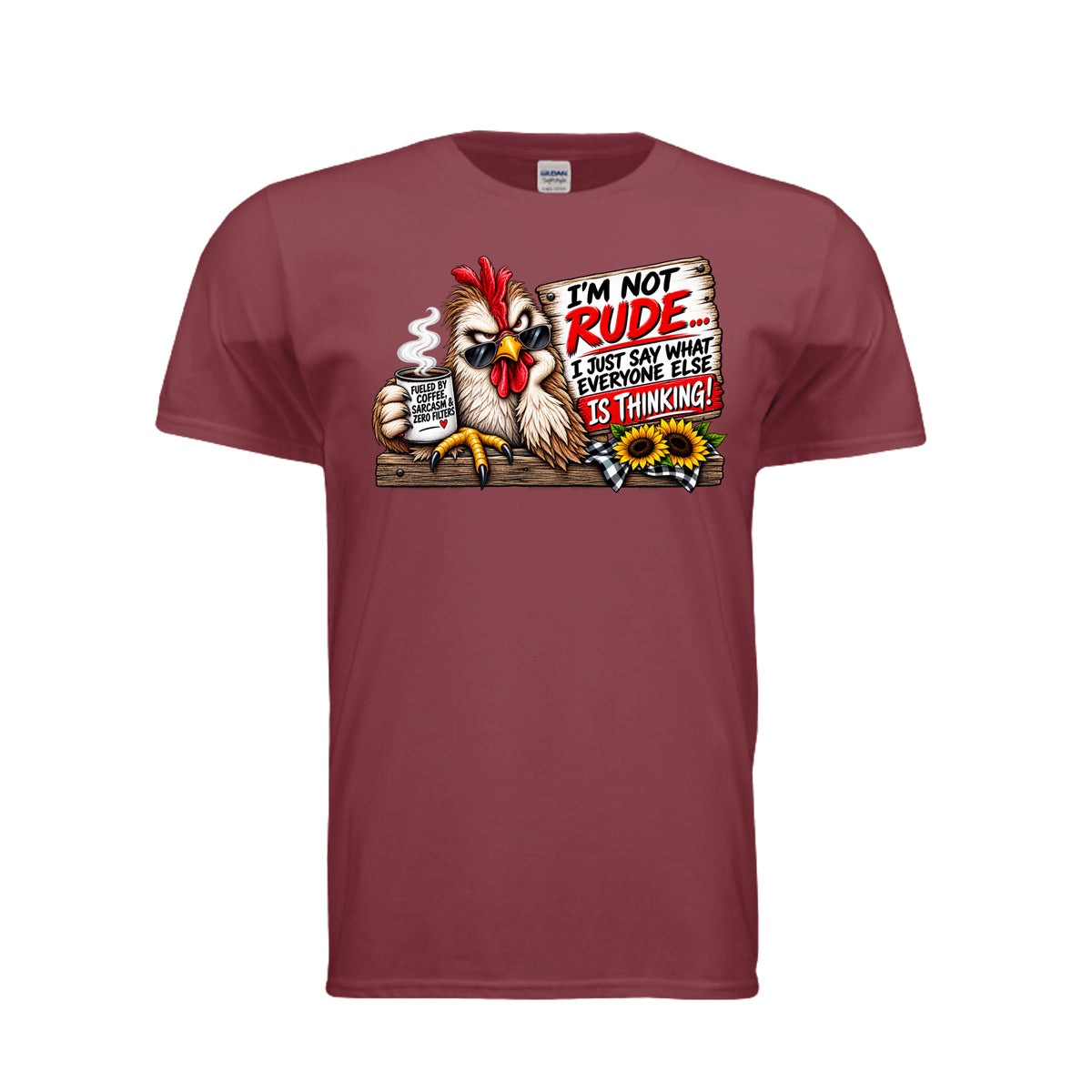 Garnet Cranky Chicken – Funny Graphic T-Shirt, front view
