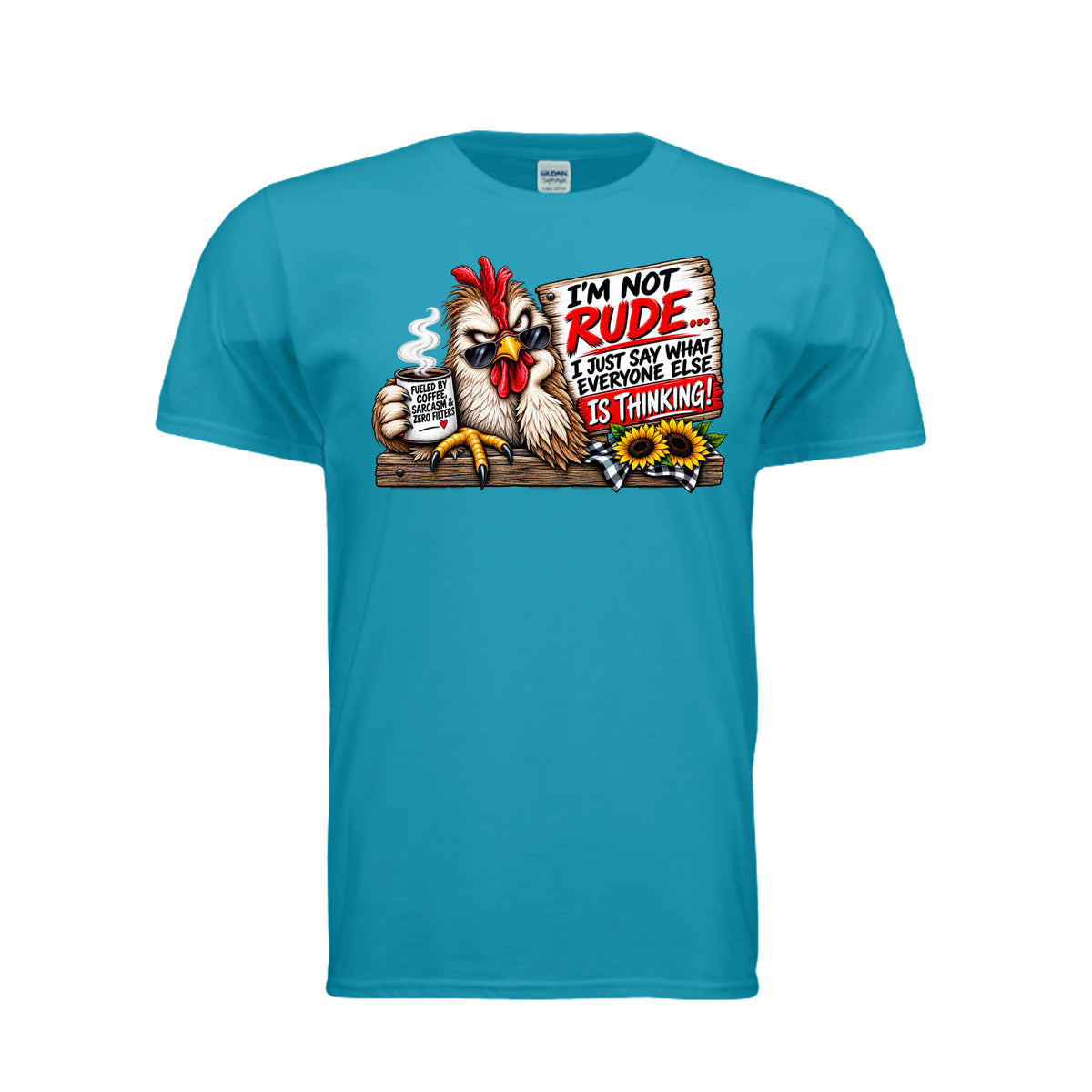 Tropical Blue Cranky Chicken – Funny Graphic T-Shirt, front view
