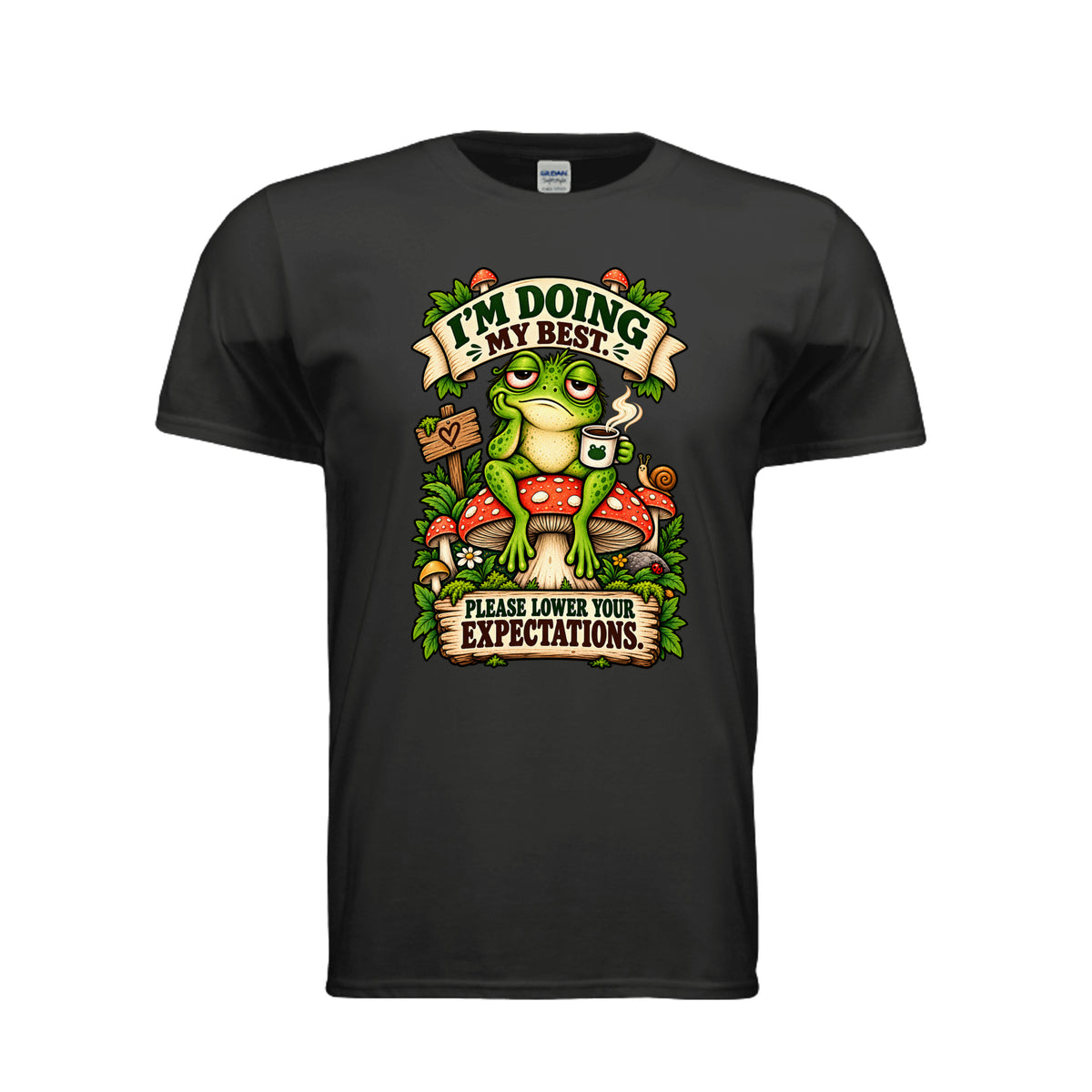 Black I’m Doing My Best — Please Lower Your Expectations Frog T-Shirt, front view

