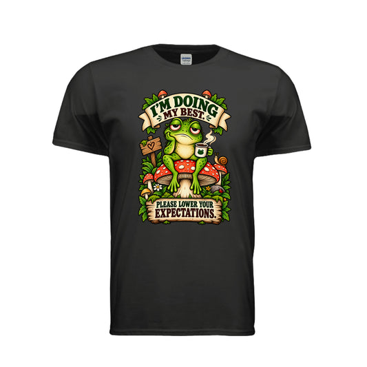 Black I’m Doing My Best — Please Lower Your Expectations Frog T-Shirt, front view
