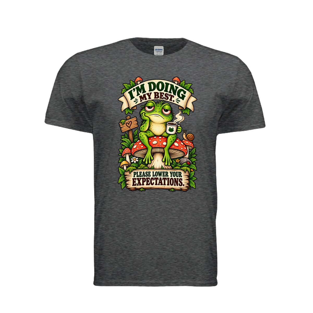 Dark Heather I’m Doing My Best — Please Lower Your Expectations Frog T-Shirt, front view