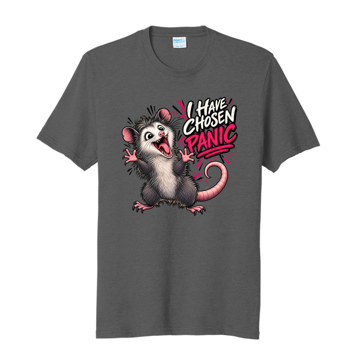 Black Heather I Have Chosen Panic Opossum T-Shirt, front view