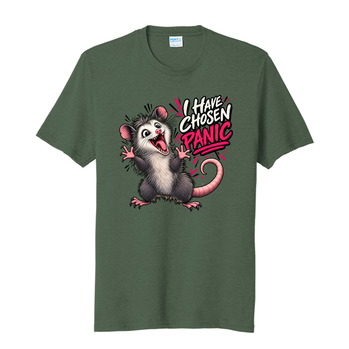 Forest Green Heather I Have Chosen Panic Opossum T-Shirt, front view