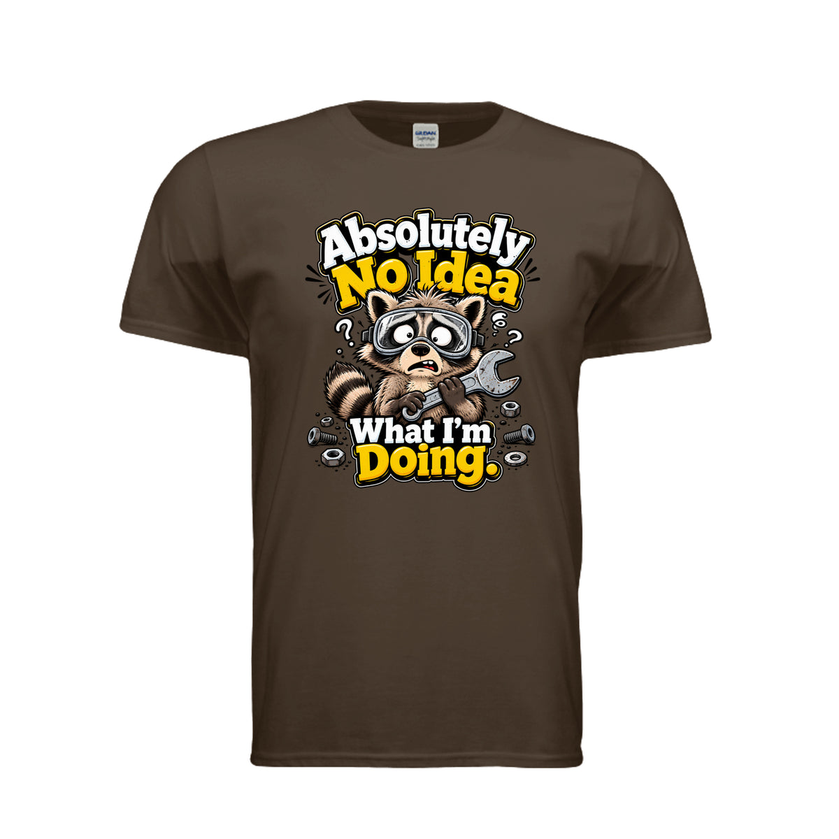 DARK CHOCOLATE Absolutely No Idea What I’m Doing Raccoon T-Shirt, front view
