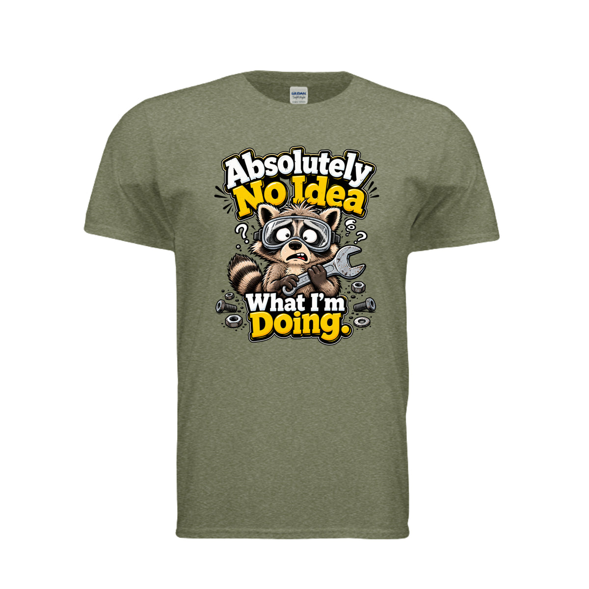 HEATHER MILITARY GREEN Absolutely No Idea What I’m Doing Raccoon T-Shirt, front view
