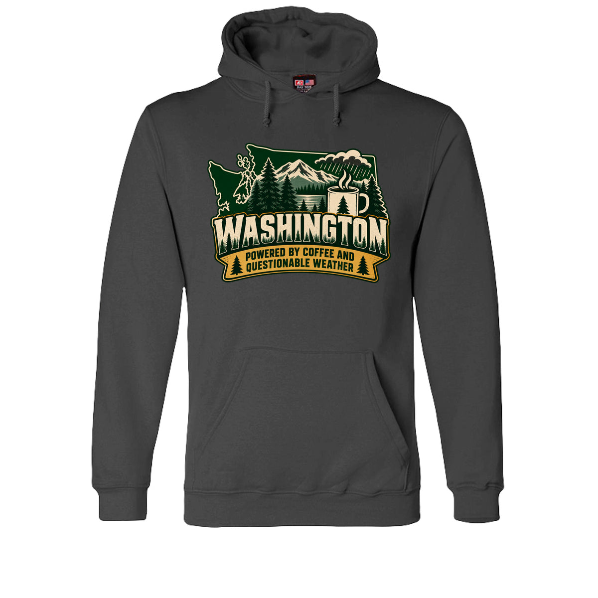 Charcoal hoodie, front view with Washington state, mountains, trees, a coffee mug, and “Powered by Coffee and Questionable Weather.”