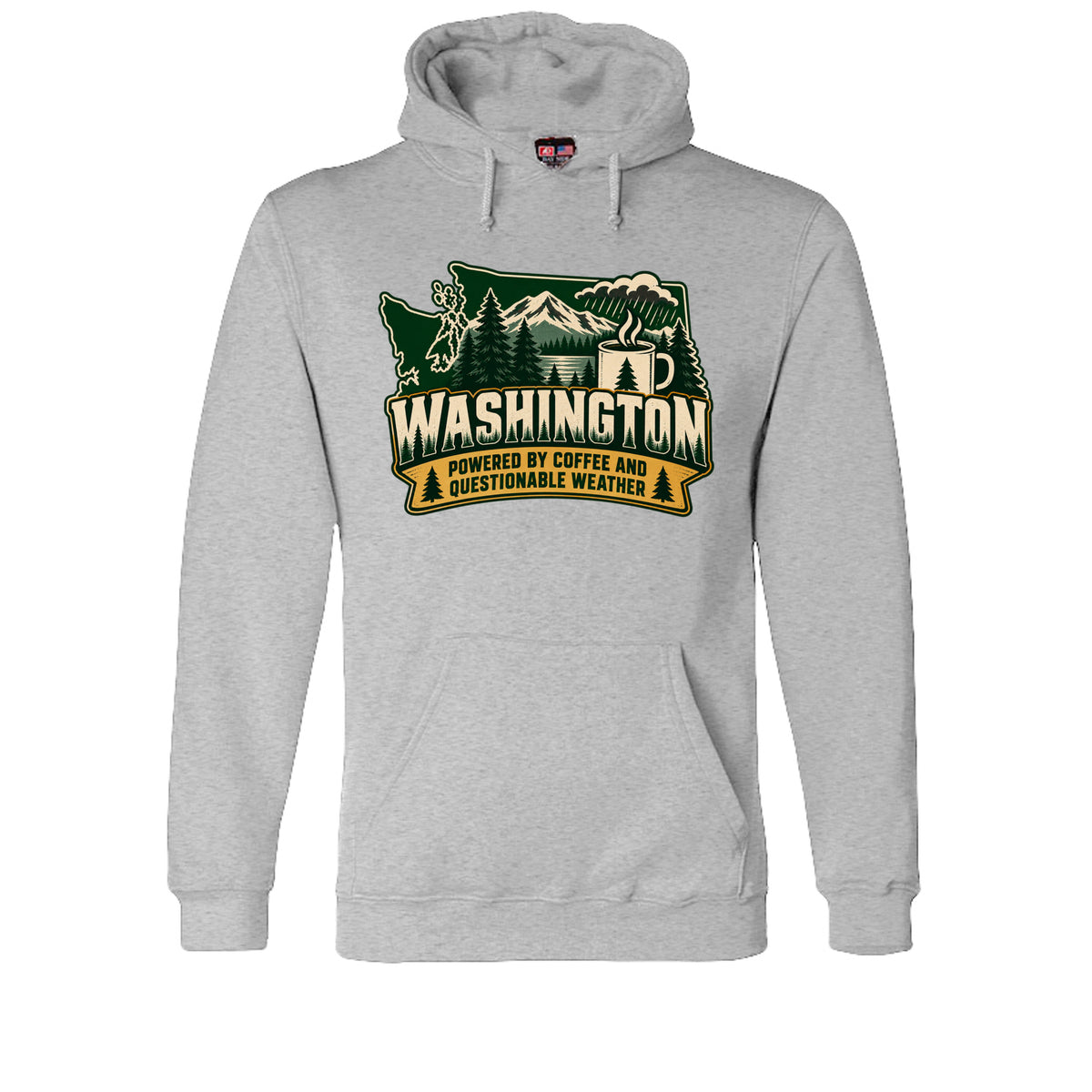Dark Ash gray hoodie, front view with Washington state, mountains, trees, a coffee mug, and “Powered by Coffee and Questionable Weather.”