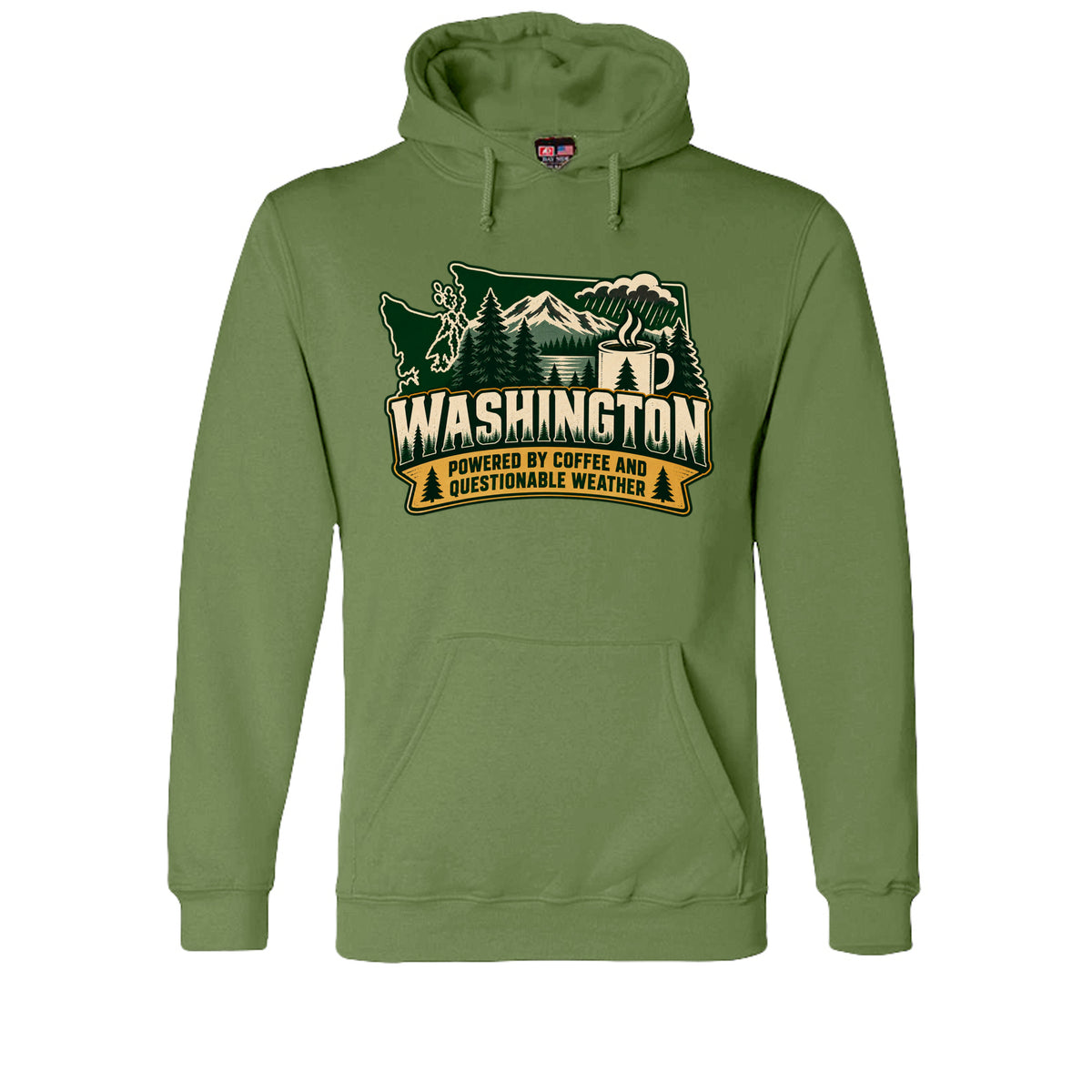 Olive green hoodie, front view with Washington state, mountains, trees, a coffee mug, and “Powered by Coffee and Questionable Weather.”