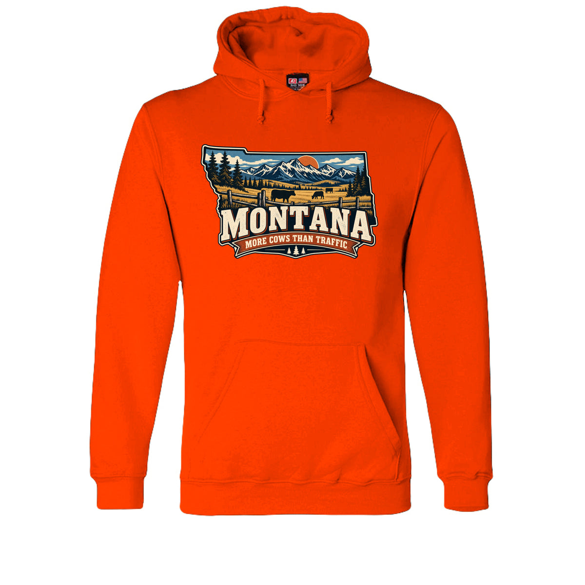 Bright Orange Montana More Cows Than Traffic Hoodie, front view