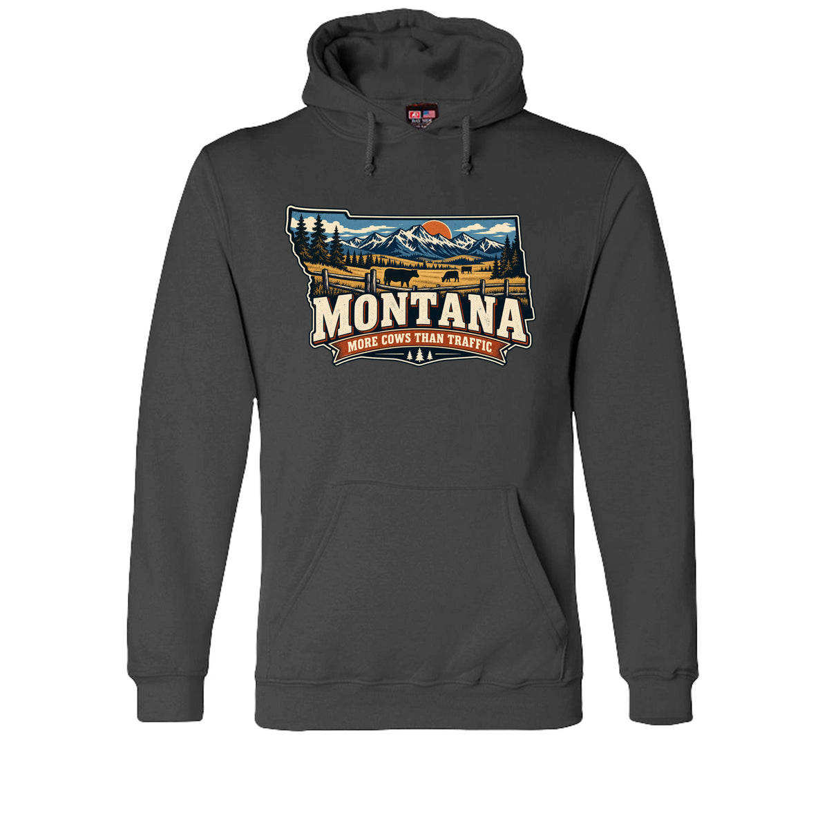 Charcoal Montana More Cows Than Traffic Hoodie, front view