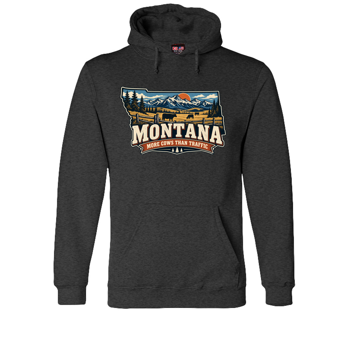 Charcoal Heather Montana More Cows Than Traffic Hoodie, front view