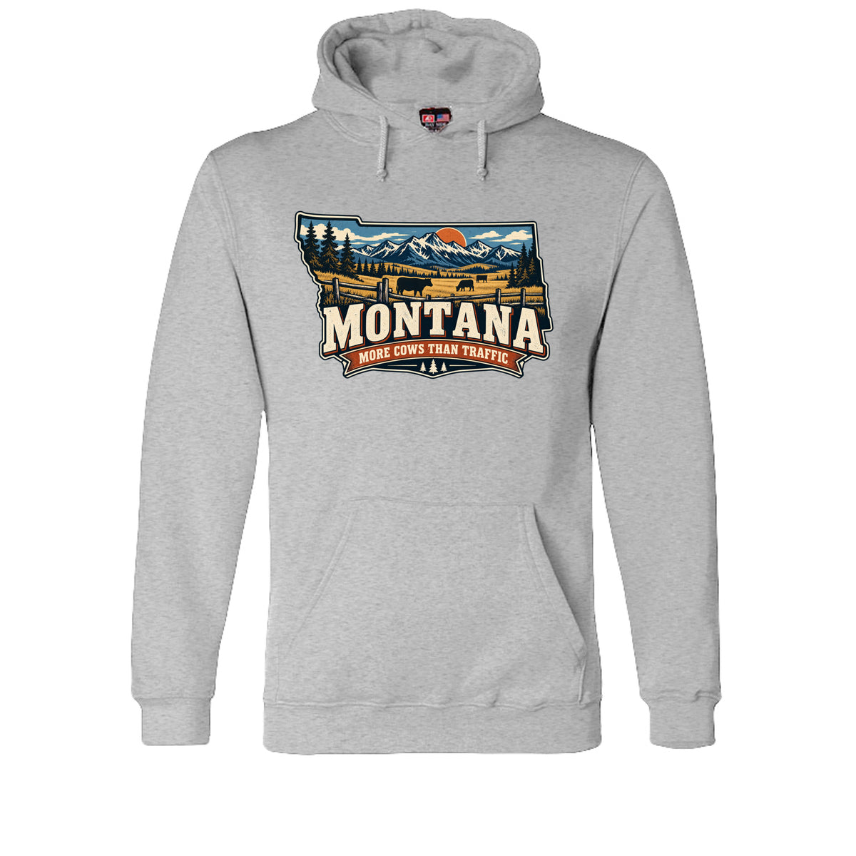 Dark Ash Montana More Cows Than Traffic Hoodie, front view