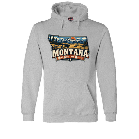Dark Ash Montana More Cows Than Traffic Hoodie, front view