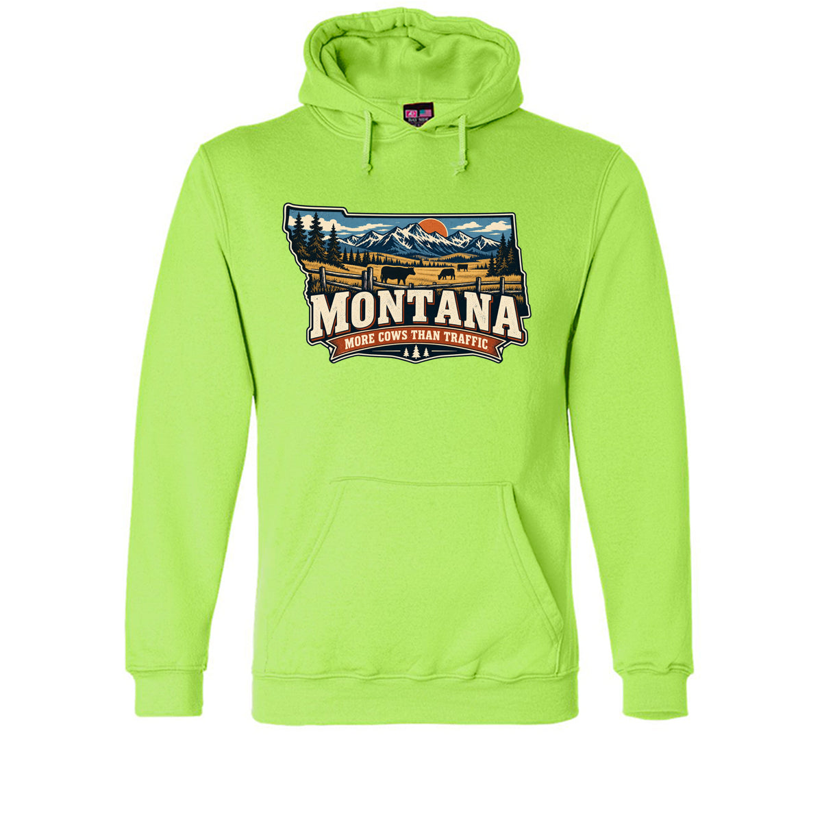 Lime Green Montana More Cows Than Traffic Hoodie, front view