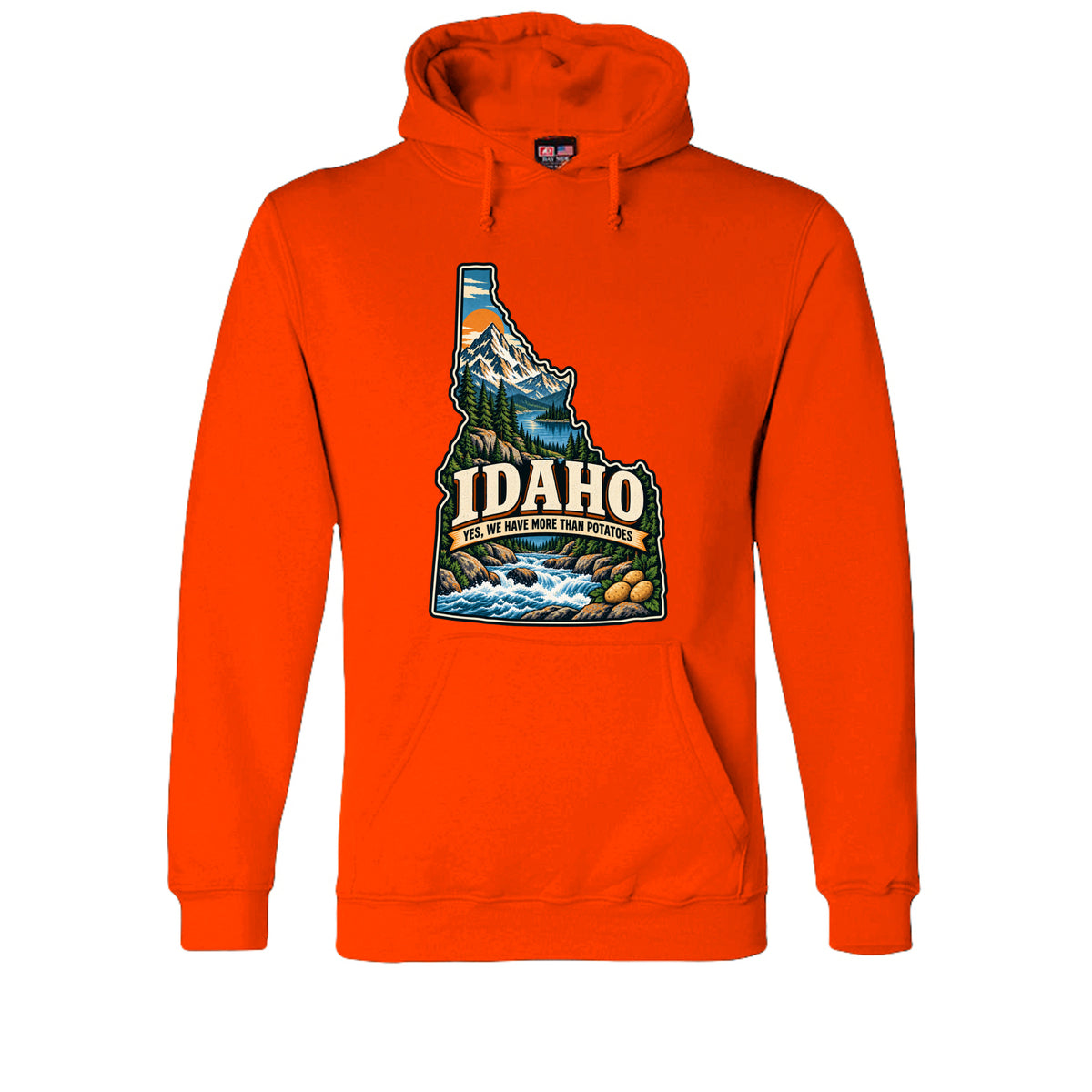 Bright Orange Idaho Yes, We Have More Than Potatoes Hoodie, front view