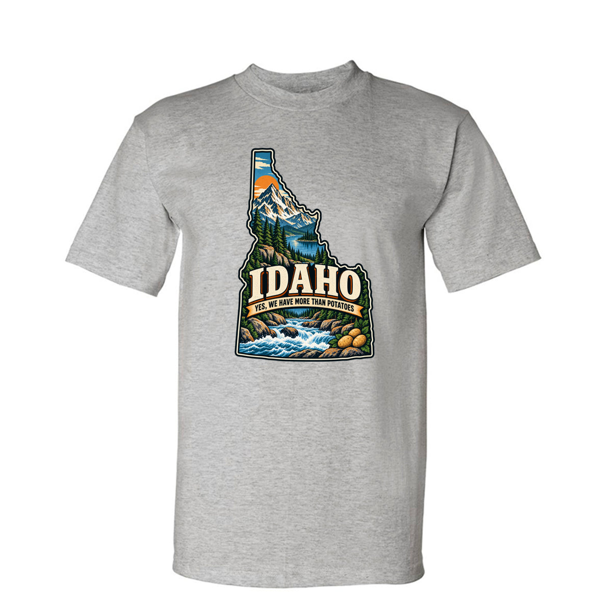 Dark Ash Idaho Yes, We Have More Than Potatoes T-Shirt, front view